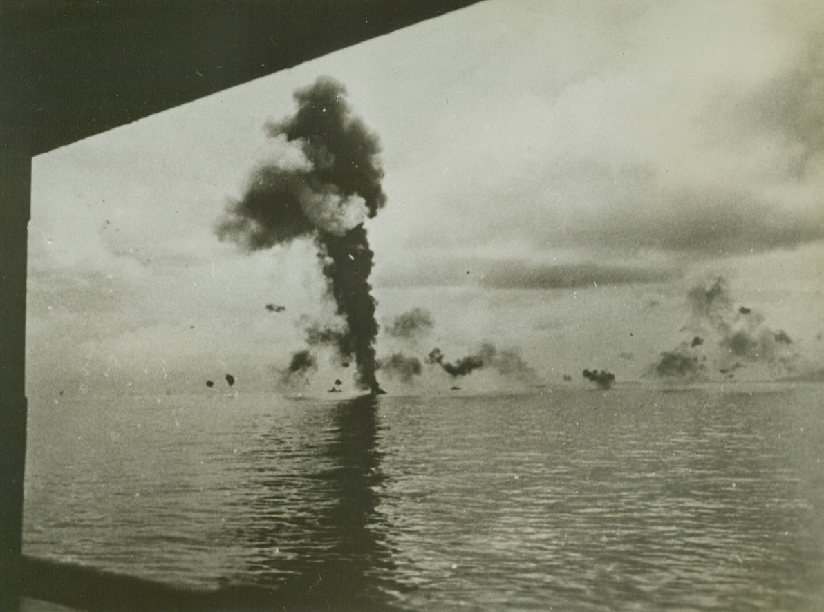 A Jap Bomber Goes Up in Smoke, 9/29/1942. Solomon Islands – A smudge of black smoke staining the sky between Guadalcanal and Tulagi is all that remains of a Jap bomber which attacked the American defenders of the Solomons.  In background can be seen smoke from U.S. anti-aircraft bursts. Credit line (ACME);
