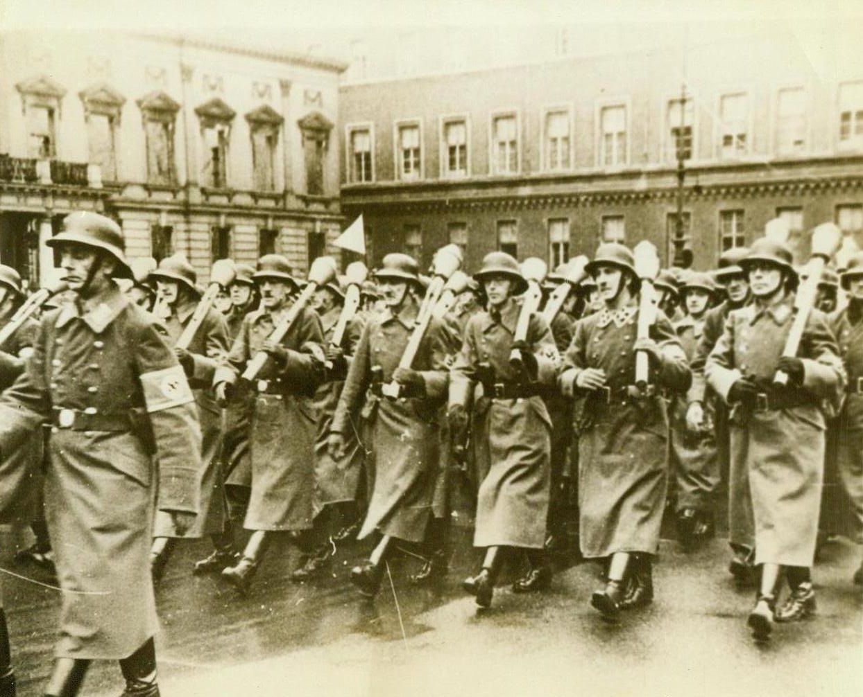 "People's Army" on Parade, 12/30/1944. Berlin—Equipped with anti-tank weapons, members of the Volkssturm parade in Berlin, according to the German caption accompanying this photo, which was obtained through a neutral source. The parade, the Nazis say was held in honor of Josef Goebbels after his address to the “People’s Army.” 12/30/44 ACME;